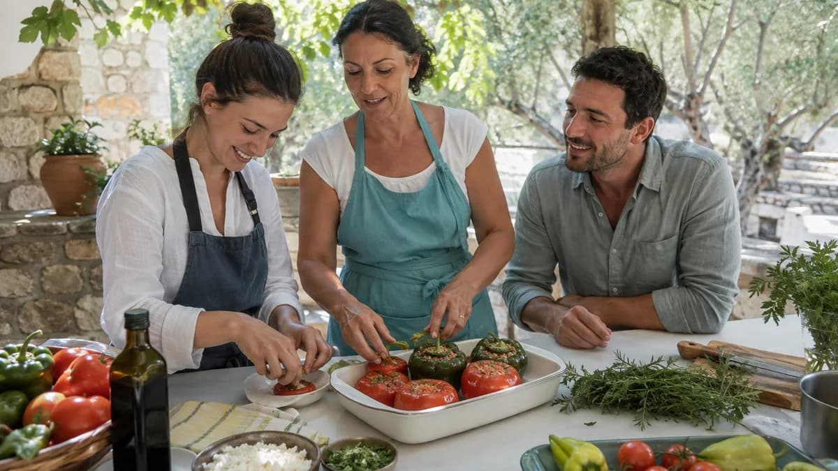 Επισκέπτες συμμετέχουν σε μάθημα ελληνικής μαγειρικής με τοπικά προϊόντα.