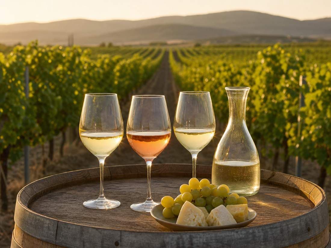 Wine glasses on a barrel in front of a vineyard