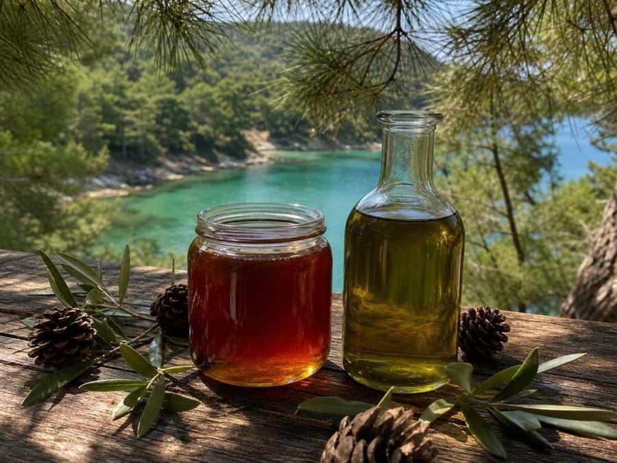 A jar of honey and a bottle of olive oil on a wooden table, with pine trees and the sea behind