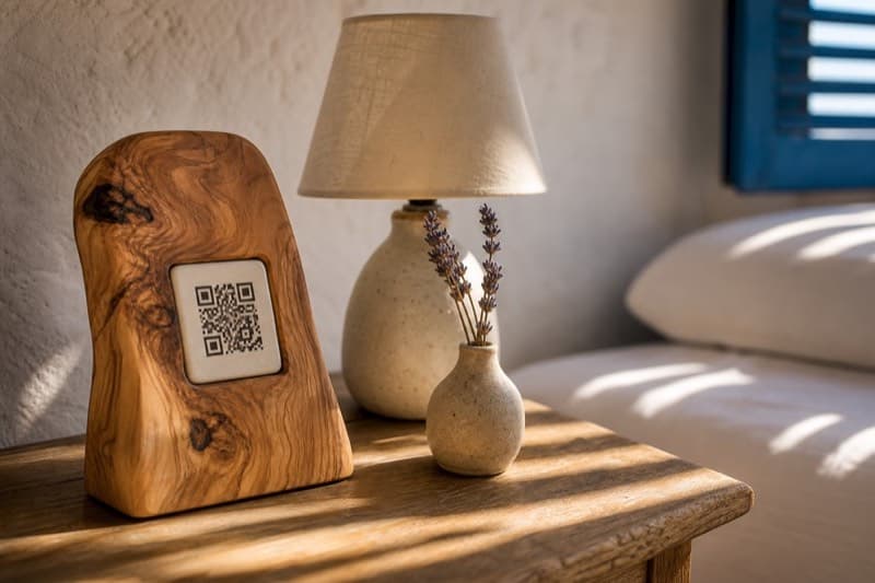 An olive-wood QR stand on the bedside table
