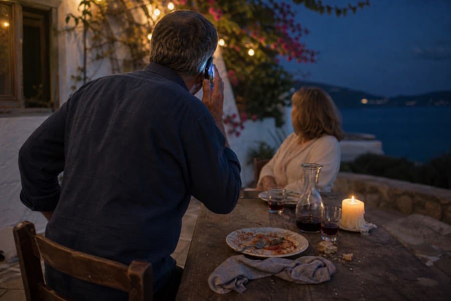 An owner gets up from the dinner table to answer the phone