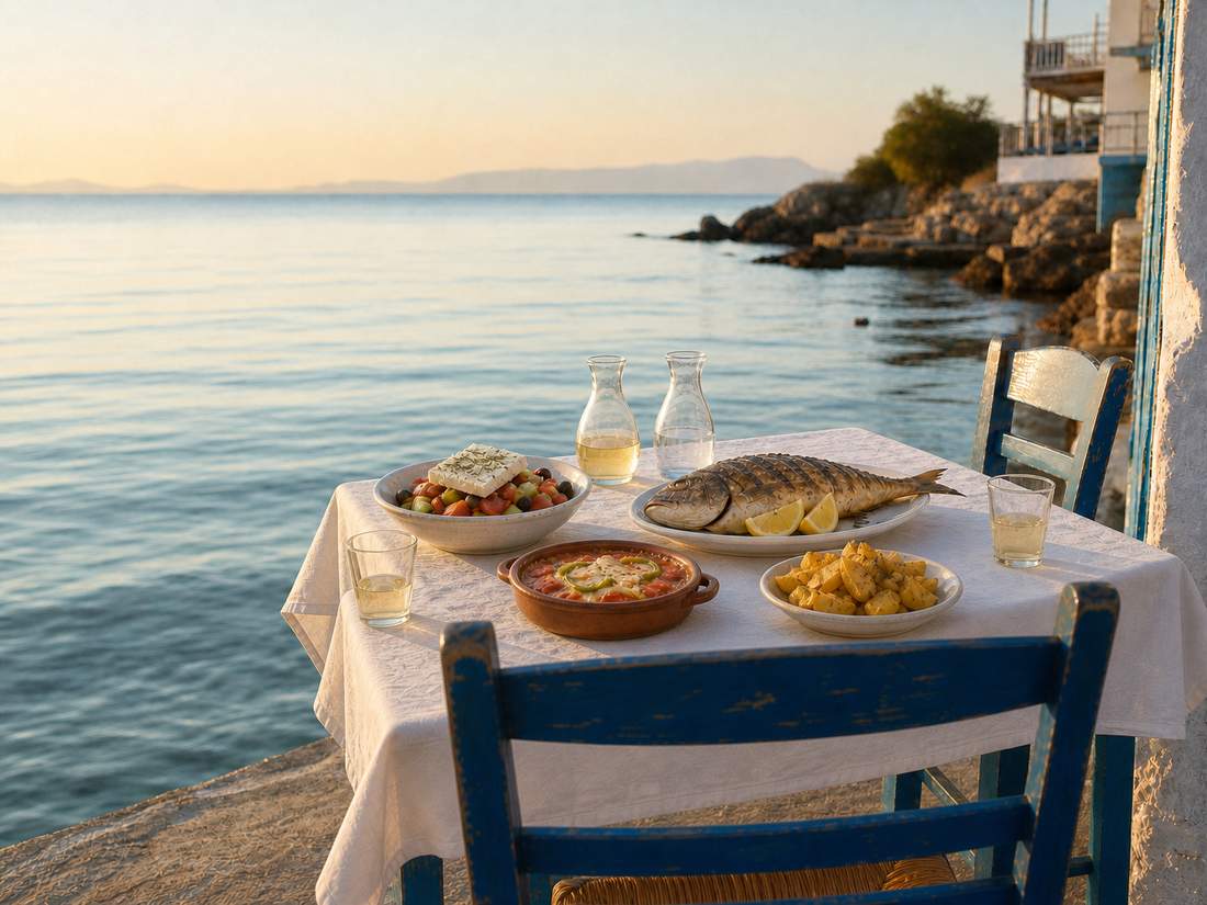 Τραπέζι ταβέρνας δίπλα στο κύμα με ψάρι και μεζέδες