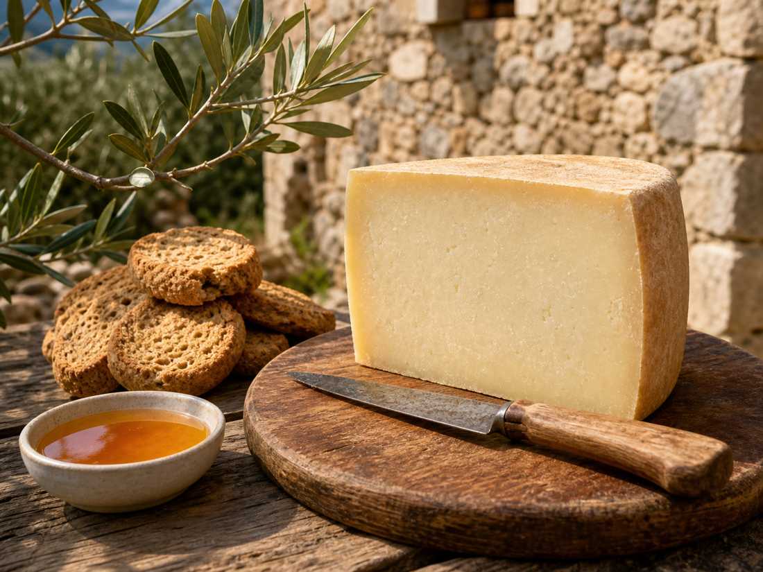 Κρητικό τυρί με παξιμάδια και θυμαρίσιο μέλι σε ξύλο κοπής