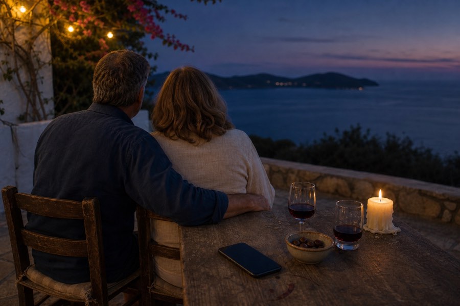 Ήσυχο βράδυ στη βεράντα, με το τηλέφωνο αναποδογυρισμένο στο τραπέζι