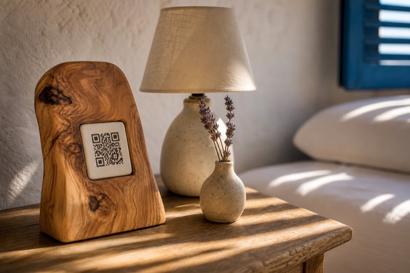 Θήκη QR από ξύλο ελιάς πάνω στο κομοδίνο του δωματίου